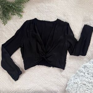 Zara: Women’s Cropped Long Sleeve Silky Black Top With Stretchy Back Size XL